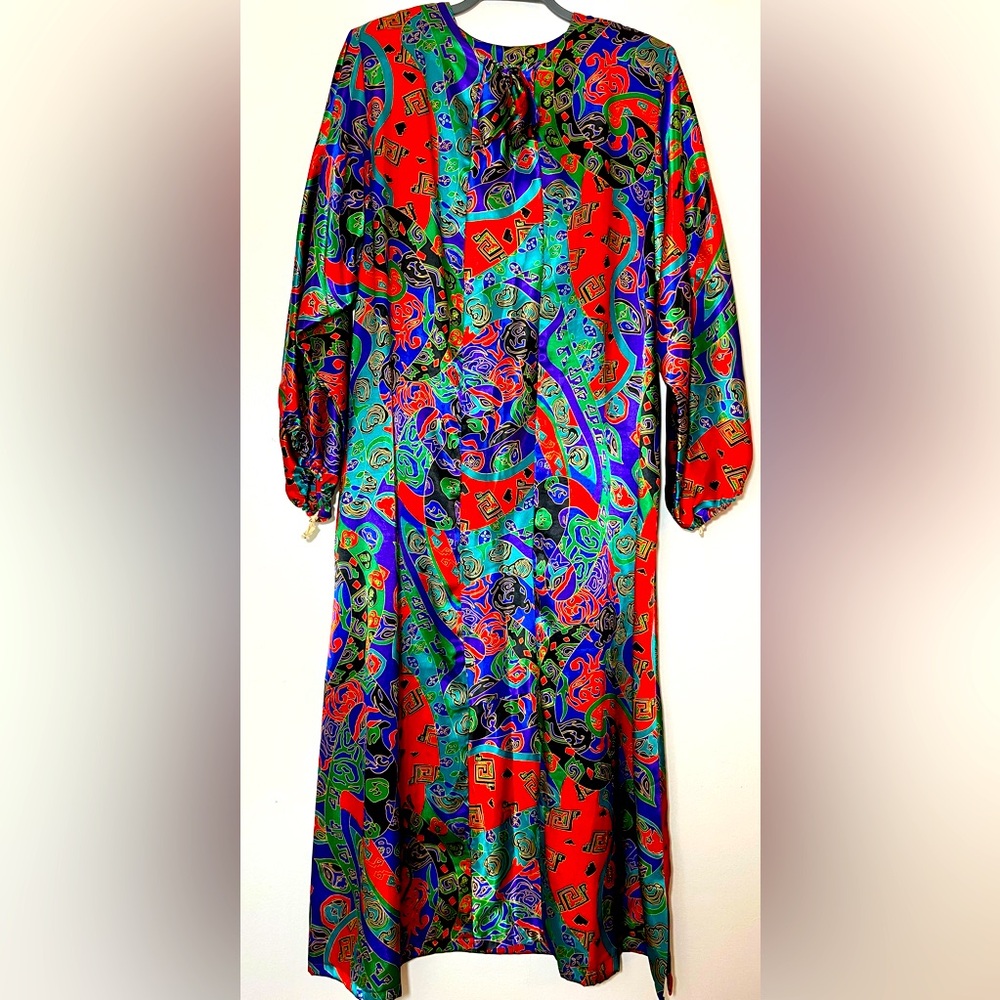 VTG Paisley Satin Maxi Lounge Dress w Pockets size Medium